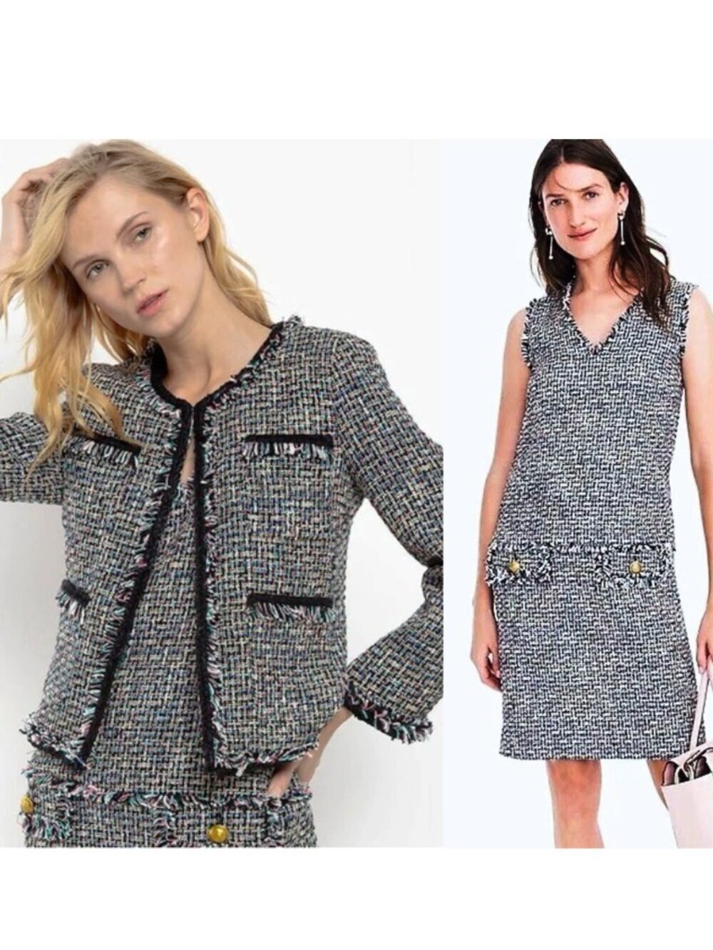 J. Crew Multicolor Tweed Dress and Jacket Set - Black, White, Blue